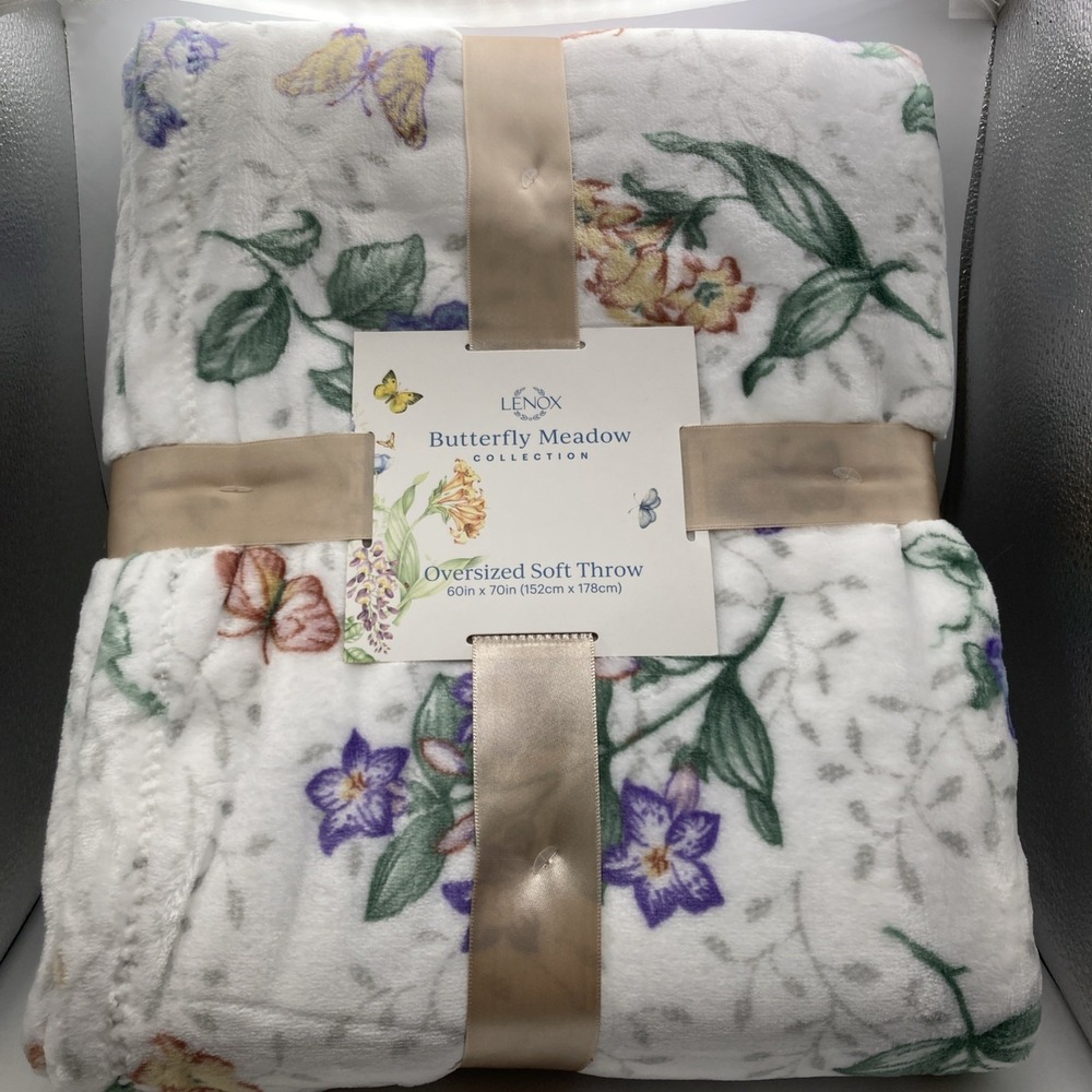 Lenox Butterfly Meadow Throw 60" X 70" - White, Multi NWT